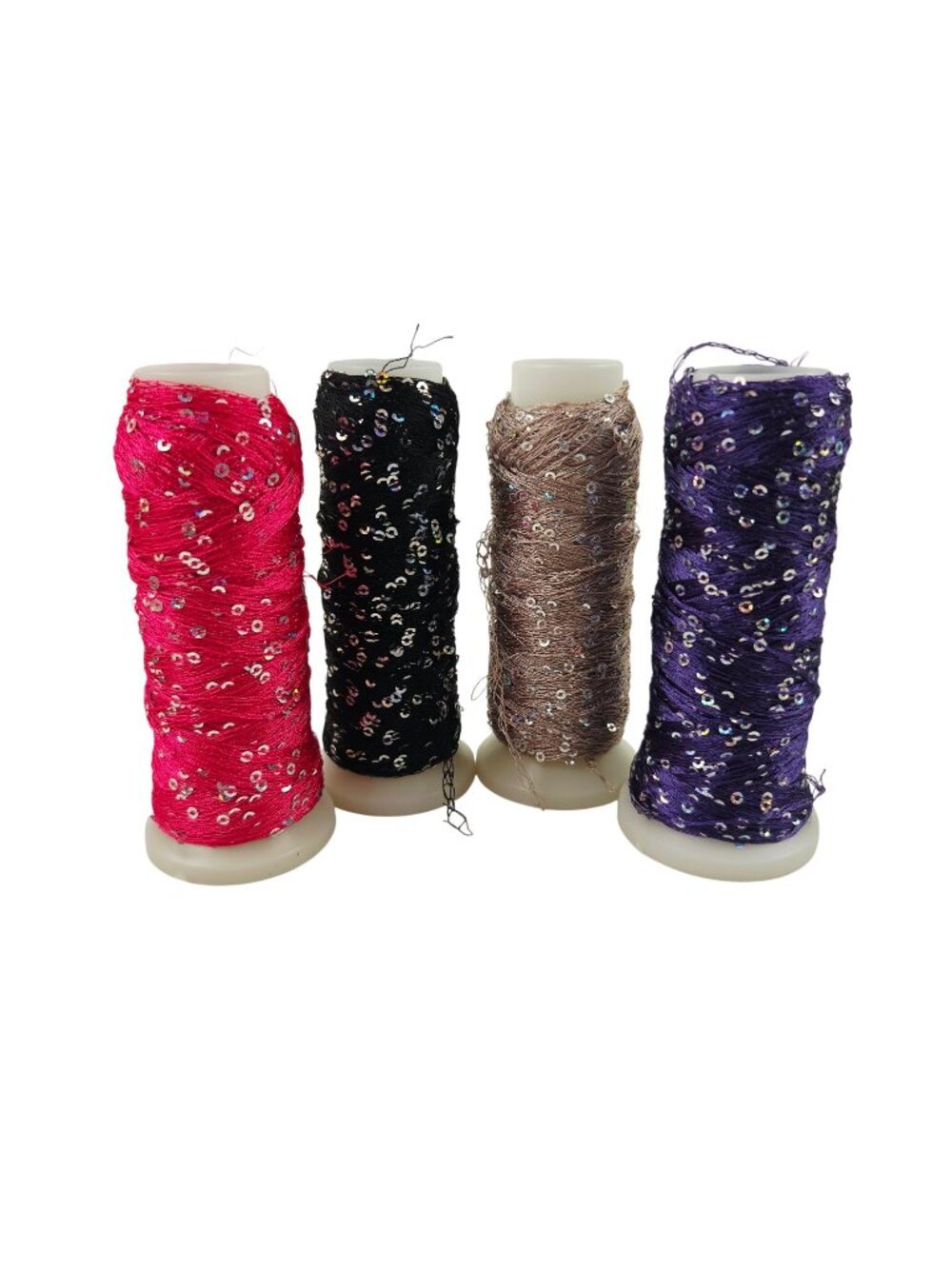 Sequin Yarn Thread Spool Set of 4 Purple Pink Tan Black Decorative Accent